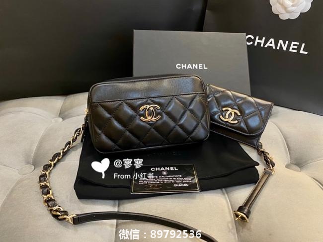 Chanel香奈儿黑金羊皮2020新款子母相机腰包