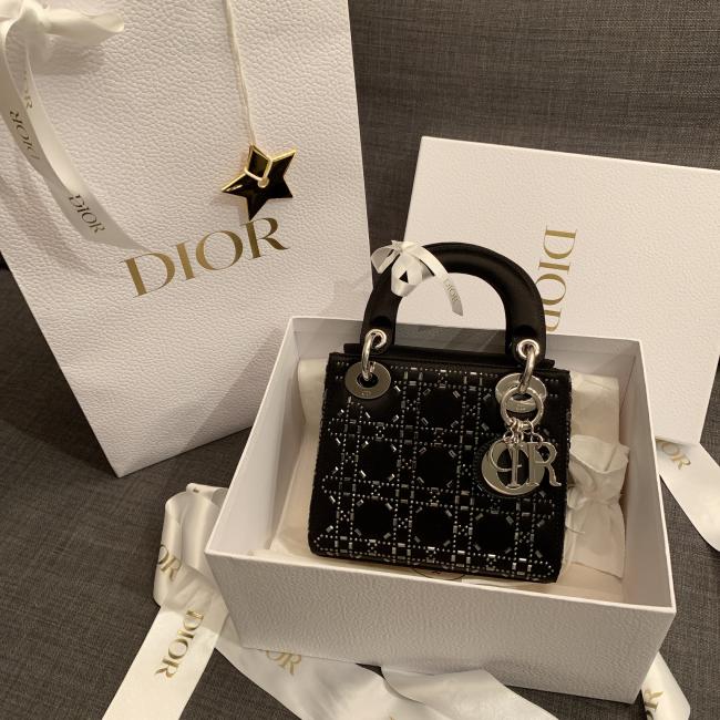 Dior缎面黑色三格戴妃包lady dior