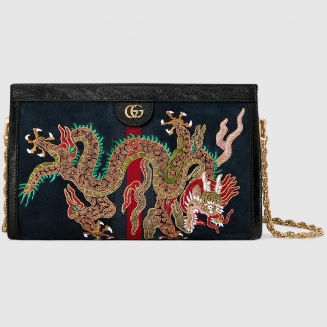 古驰 GUCCI Ophidia系列中国龙刺绣链条包，包包整体是藏蓝麂皮材质
