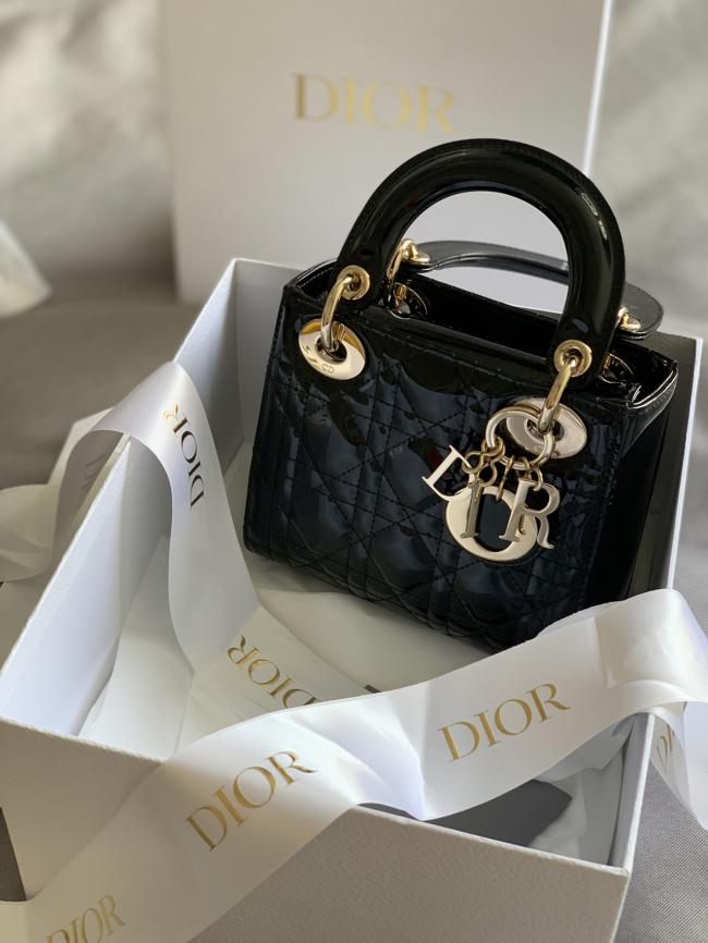 Dior戴妃包,三格链条,黑色漆皮