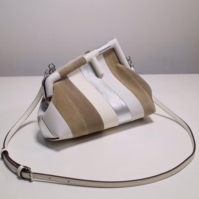 芬迪新品First小号手袋6350，镶嵌皮革，银色斜条纹