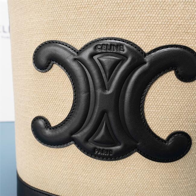 Celine Cuir Triomphe 织物和牛皮革小号水桶包，香草色/黑色，12 X 9 X 5英寸，斜挎和肩背款式
