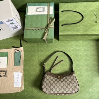 GG古驰Ophidia系列小号手袋 7351款，原厂绿盒包装，GG Supreme帆布，棕色/pvc